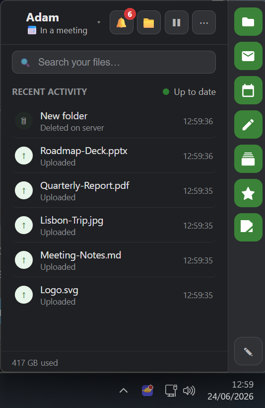 The OtherSync tray flyout on Windows — a search bar, recent sync activity, storage used, and a rail of Nextcloud apps down the side.