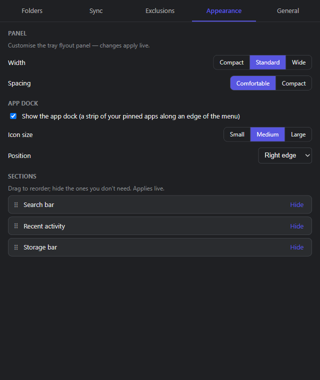 OtherSync's Appearance settings — panel width and spacing, app-dock icon size and edge position, and a drag-to-reorder list of the flyout's sections.