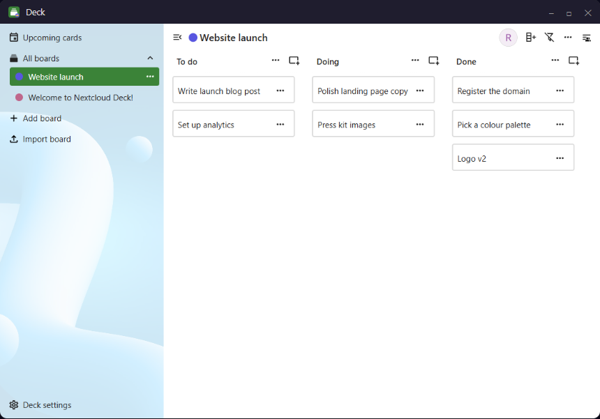 The Nextcloud Deck app open in its own OtherSync desktop window — its own title bar and badged app icon, no browser and no Nextcloud web chrome.