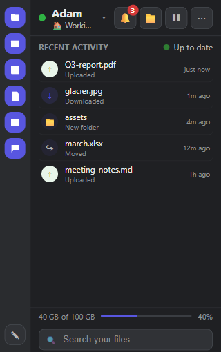A customized OtherSync flyout — app dock moved to the left with small icons, compact spacing, and the search bar reordered to the bottom.